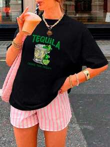 Playera de mujer con estampado "Tequila" – diseño fresco con limón y frase humorística - Negro - Ver 1