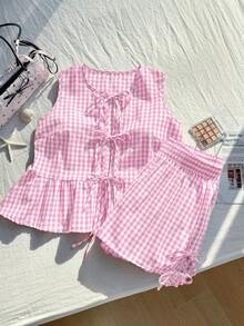 Comfortcana 浅粉色格子系带三蝴蝶结上衣短裤两件套，加大码，夏季 - 淺粉色 - 查看 1