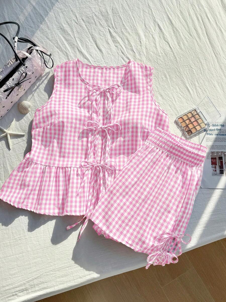 Comfortcana 浅粉色格子系带三蝴蝶结上衣短裤两件套，加大码，夏季 - 淺粉色 - 查看 1