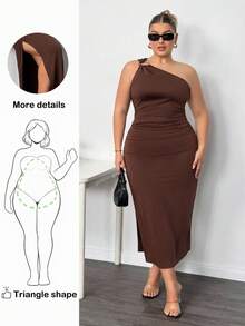 Truni Plus Size Women's Solid Color Sleeveless Ruched Fitted Elegant Dress/Autumn /Winter - Brown - View 1