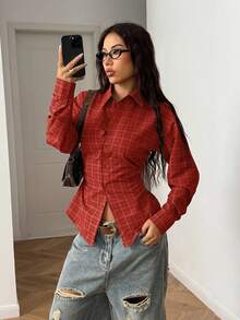 StreetHx Camicia oversize a maniche lunghe in stile retrò anni 2000 Y2K, con lacci in vita, a quadri marroni, comoda, adatta per l'autunno/inverno - Rosso - Visualizzare 1