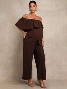 MaterniChic Maternity Clothes Maternity Solid Color Patchwork Ruffle Off Shoulder Jumpsuit Elegant - Brown - View 4