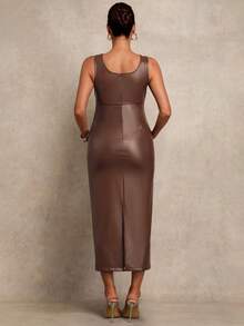 MaterniChic Maternity Solid Color PU Leather Square Neck Sleeveless Elegant Dress Summer Outfits  Elegant Dresses - Brown - View 2