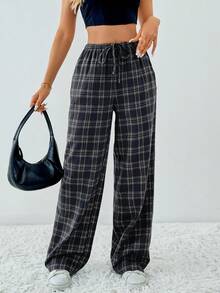 SHEIN Tall Plaid Printed Drawstring Waistband Slanted Pocket Loose Casual Wide Leg Pants - Navy Blue - View 5