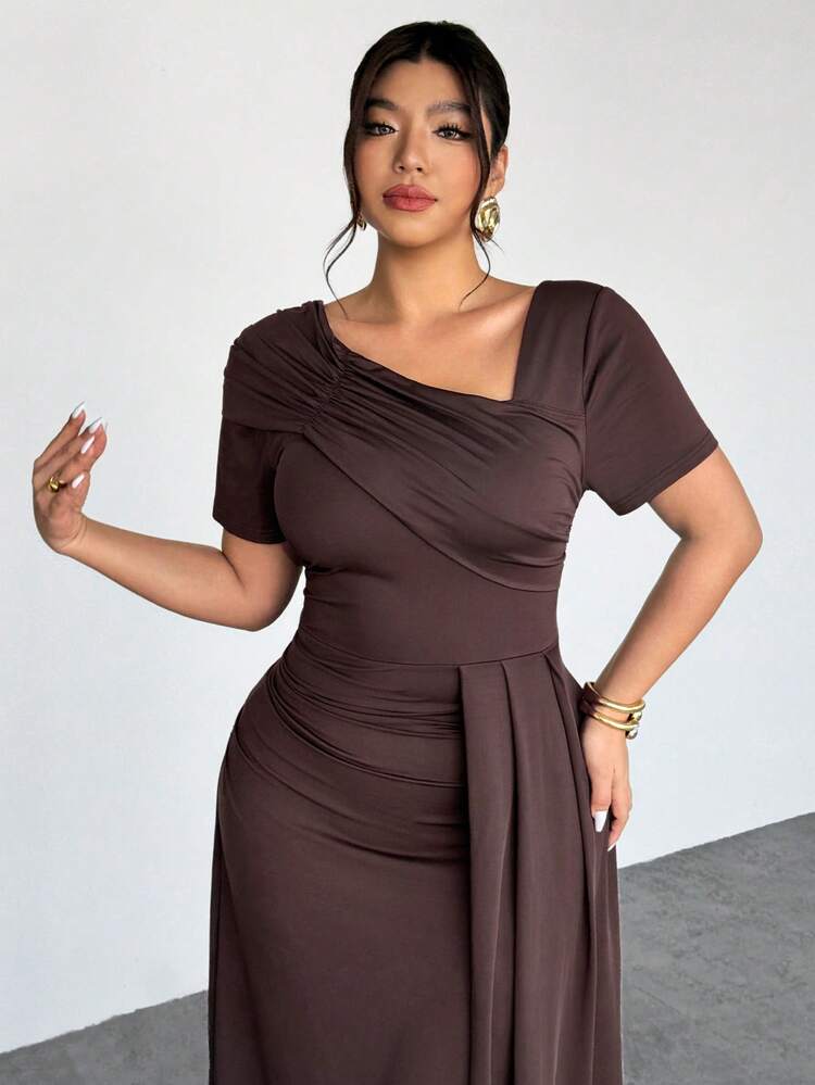 Firerie Vestido casual de manga corta con cintura ceñida, hombros con volantes y bajo asimétrico para mujer de talla grande, elegante y estilizador, para primavera/verano - Marrón - Añade 6