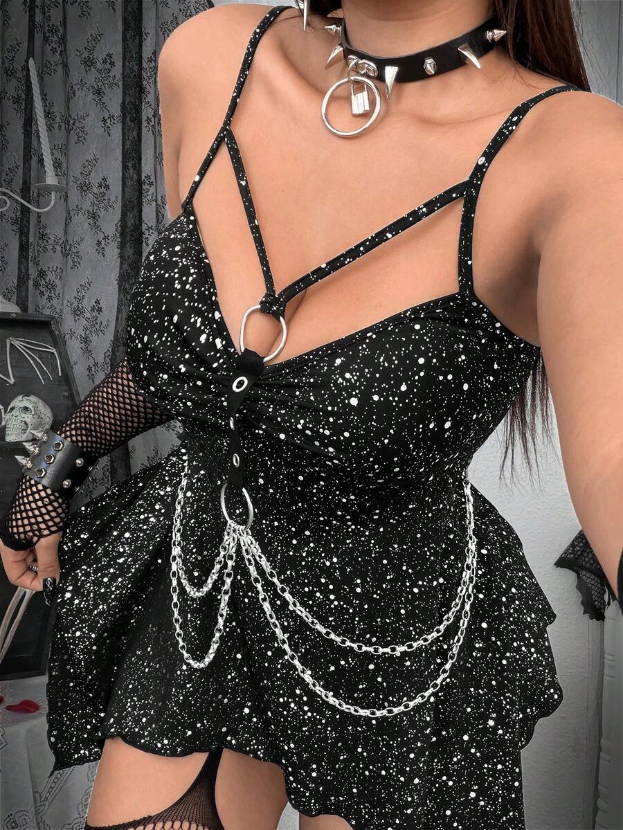 Whyspr Áo hai dây gợi cảm dành cho nữ cỡ lớn, in họa tiết toàn thân, khoét eo bất đối xứng. - màu đen - Xem 1