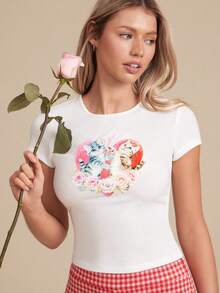 WESTFADE 小猫爱心复古花卉图案修身婴儿T恤上衣 - 白色 - 查看 6