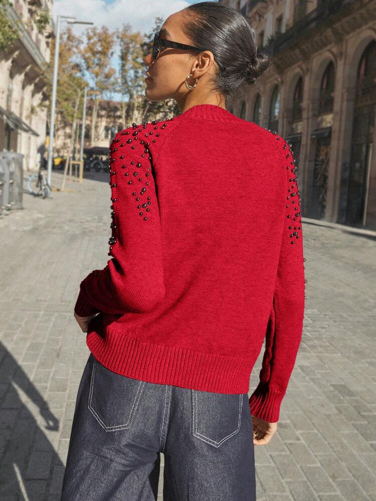 SHEIN Maija Women's Round Neck Rivet Design Sweater, Basic Urban Commute Style, Simple Fashion Elegant Business Casual, Suitable For Teachers, Office, Outing, Romantic