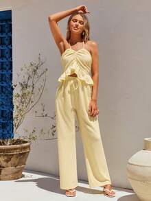 Vivid Eden Conjunto de 2 piezas de verano con top de tirantes de unicolor sin mangas casual y pantalones rectos sueltos - Amarillo claro - Ver 2