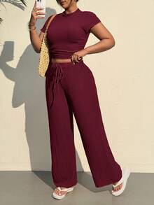 SHEIN EZwear Conjunto de top y pantalones de punto texturizado con cordón, informal y de talla grande - Burdeos - Ver 6