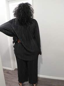 Truni Trang phục mùa thu cho nữ, bộ 2 món cỡ lớn màu trơn tay dài chất liệu vải có họa tiết, áo và quần dáng rộng thoải mái. - màu đen - Xem 8