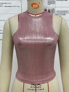 Zolique Women's Music Festival Metallic Slim Round Neck Fashion Tank Top - Pink - View 1