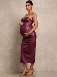 MaterniChic Vestido de maternidad ajustado de unicolor con bandeau de piel sintética - Burdeos - Ver 8