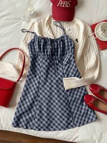Comfortcana Fashionable Sexy Navy Blue Plaid Mini Dress, Suitable For Women In Spring, Essential For Christmas And New Year, Elegant And Versatile Checkered Dress Picnic Outfit Women Preppy Dress Picnic Dress Blue Gingham Dress