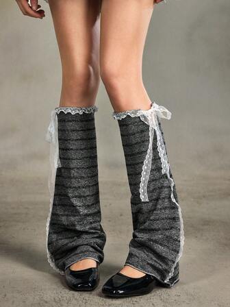 Kawaii 1 Coppia di Scaldamuscoli con Lacci a Fiocco a Righe Grigio Scuro in Stile Y2K Baddie, Maniche per le Gambe Minimaliste e alla Moda per Pendolari, Adatte per Uso Quotidiano, Scuola, Appuntamenti, Viaggi, Shopping e Altre Occasioni