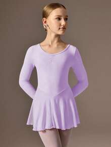 SHEIN 少女长袖粉色芭蕾舞裙，圆领前片褶皱设计，后背可爱蝴蝶结，柔软轻盈的网纱裙摆，裆部按扣设计，高弹亲肤，适合舞蹈、瑜伽和运动穿着。 - 淡紫色 - 查看 5