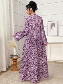 女士印花长袖土耳其长裙和阿拉伯传统长袍 - 中紫紅色 - 查看 5