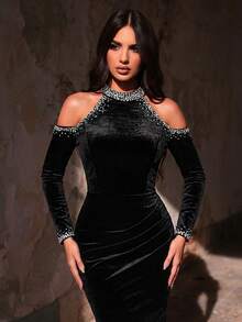 Glamrae Elegant Luxurious Beaded Off Shoulder Long Sleeve Stretch Velvet Mermaid Dress, Suitable For Weddings, Parties, Vacations, Balls, Formal Events (Heavy Embellishment) Black - Black - View 4