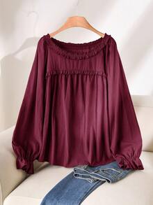 CosyJoli Plus Size Women Frill Trim Round Neck Long Sleeve Casual Brown Shirt, Versatile For Daily Wear Burgundy Spring - Burgundy - View 1