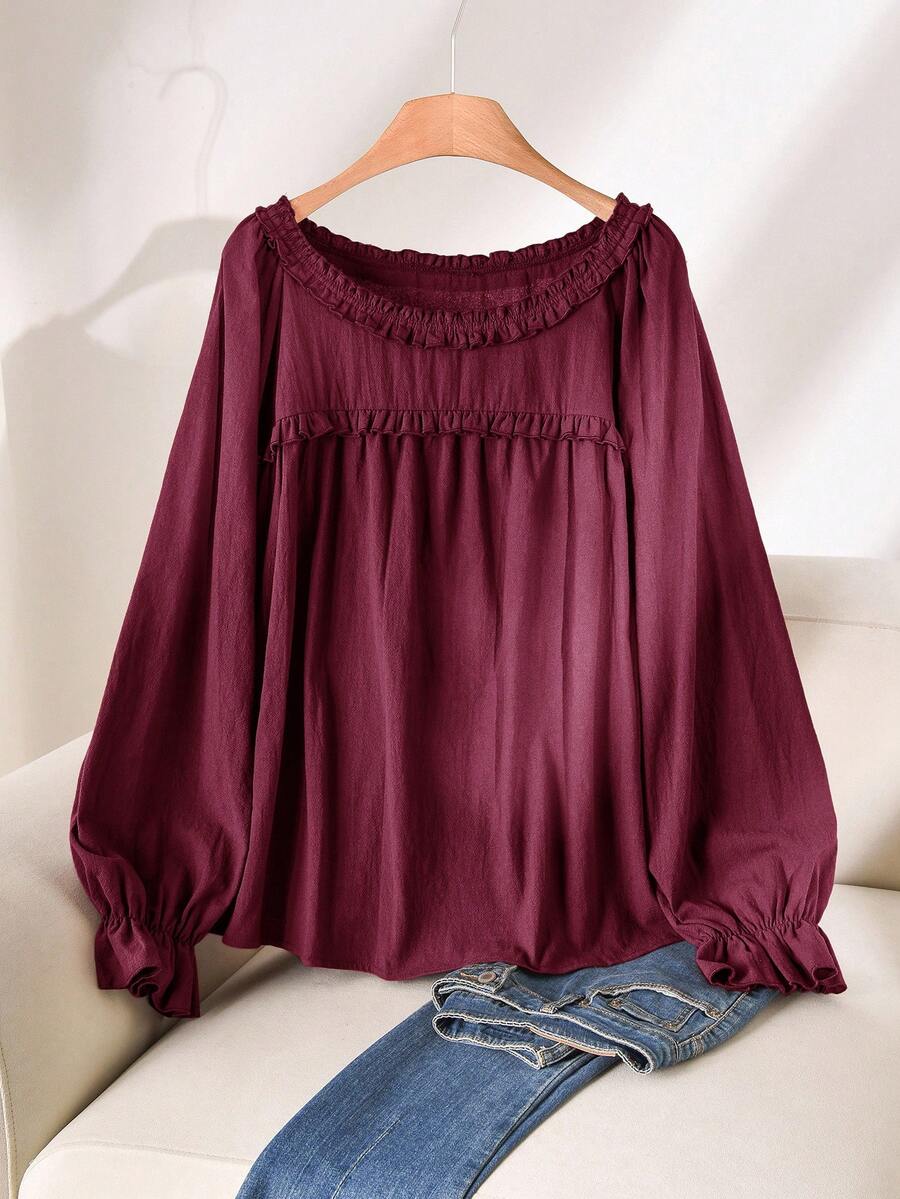CosyJoli Plus Size Women Frill Trim Round Neck Long Sleeve Casual Brown Shirt, Versatile For Daily Wear Burgundy Spring - Burgundy - View 1