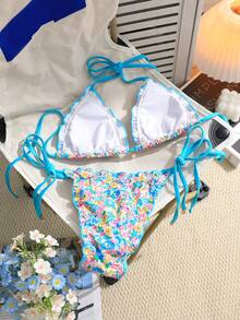 Swim Mod 女士夏季新款碎花性感露背系带比基尼套装，配精致珍珠吊坠，时尚度假沙滩装 - 彩色 - 查看 6