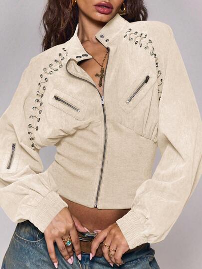 MUSERA Button Funnel Neck Detail Rib Cinched Waist Fitted Jacket Winter Going Out Everyday Night Out Casual Cool Streetwear Washed