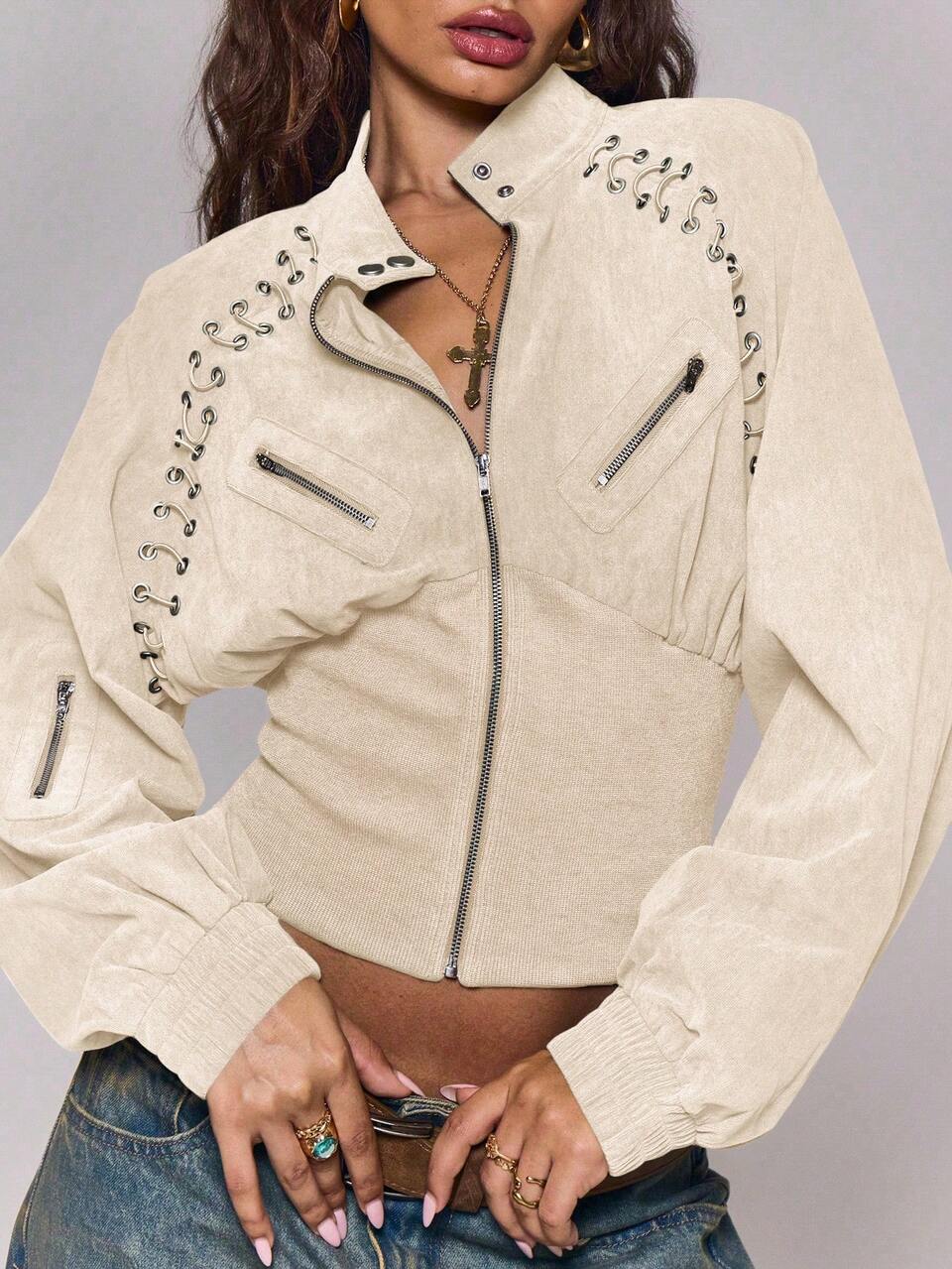 Button Funnel Neck Detail Rib Cinched Waist Fitted Jacket Winter Going Out Everyday Night Out Casual Cool Streetwear Washed
