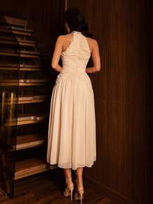 Modelyn 女士亮片拼接褶皱优雅吊带中长连衣裙 - 藕粉色 - 查看 2