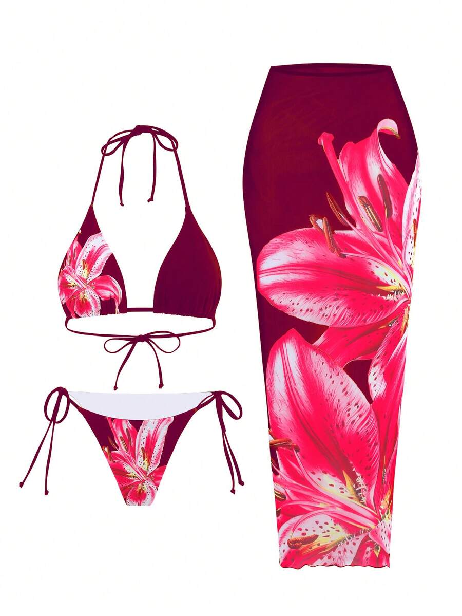 Swim Oasis 2025休闲度假吊带三角上衣、侧系带三角泳裤和长网纱裙女士三件套泳衣比基尼套装 - 彩色 - 查看 1