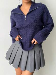 SHEIN MOOSTA Women's Navy Blue Cable Knit Sweater, Fashionable Casual Versatile Commuter Loose Fit Long Sleeve Pullover, Autumn/Winter - Blue - View 4