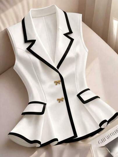 GlowEve Women's Sleeveless Elegant Jacket With Lapel Collar, Metal Bow Decor