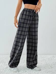 SHEIN Tall Plaid Printed Drawstring Waistband Slanted Pocket Loose Casual Wide Leg Pants - Navy Blue - View 4
