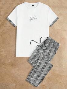 HIMLAND 男士字母印花短袖T恤和格子裤，复古夏季套装，舒适穿搭，情侣装