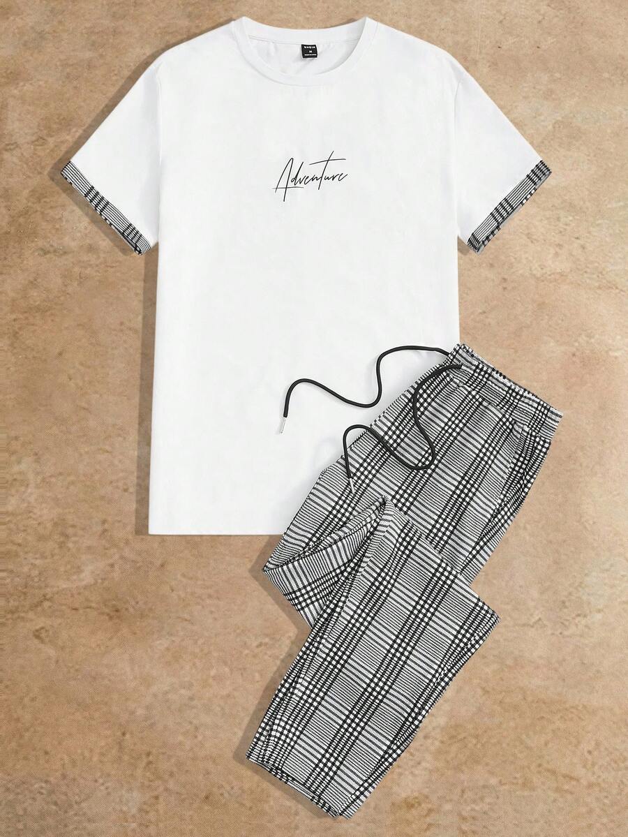 HIMLAND 男士字母印花短袖T恤和格子裤，复古夏季套装，舒适穿搭，情侣装