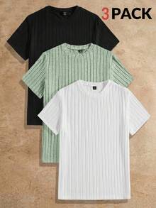HIMLAND 3pcs Pack Men's Plain Round Neck Rib-Knit Leisure Short-Sleeved T-Shirt - Green - View 1