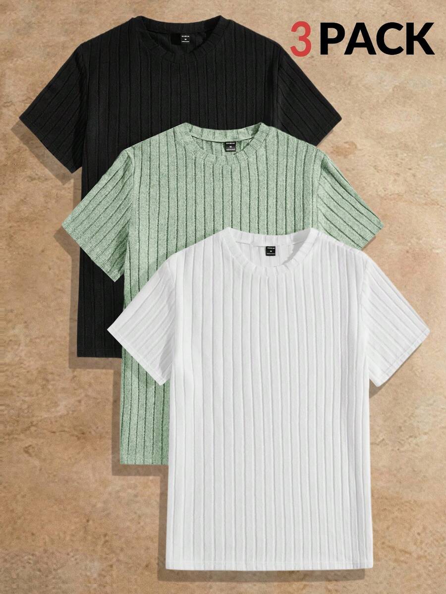 HIMLAND 3pcs Pack Men's Plain Round Neck Rib-Knit Leisure Short-Sleeved T-Shirt - Green - View 1