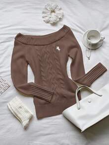 Comfortcana 女士时尚休闲扭结针织露肩长袖毛衣 女士毛衣 棕色毛衣 咖啡棕色上衣 棕色长袖上衣 麻花针织毛衣 女士毛衣 - 棕色 - 查看 5