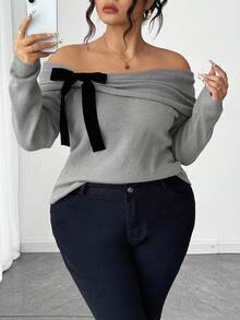 Elenzga Plus Size Women's Solid Color Knitted Off-Shoulder Bow Long Sleeve Pullover Sweater,Pink And Grey,Autumn,Elegant,Everyday Winter Grey Top - Grey - View 5