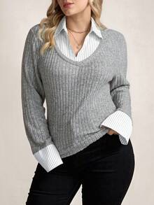 Zelara T-shirt à manches longues côtelé 2 en 1 pour femmes grandes tailles, décontracté pour femmes, pour l'hiver, pour femmes, Aïd Al-Adha, vacances de printemps - Gris - Voir 2
