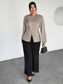 Firerie 女士优雅通勤日常百搭街头时尚新款不对称翻领纽扣腰长袖卡其灰色西装外套 - 卡其色 - 查看 6