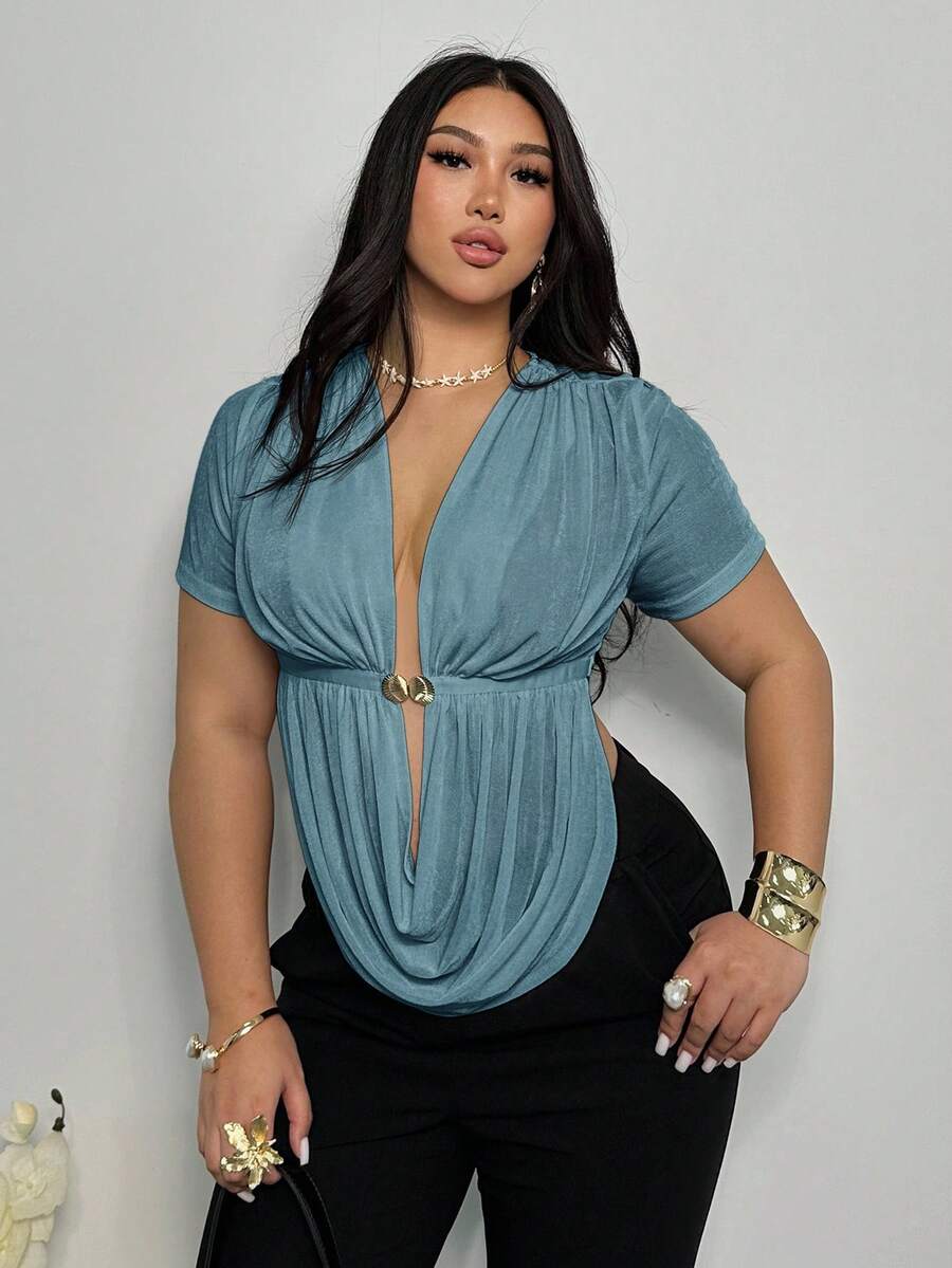Firerie Plus Size Elegant Casual Sexy Draped Neck Sleeveless Top With Metal Buckle Decor And Side Slit, Suitable For Spring/Summer Beach, Going Out Tops - Baby Blue - View 1