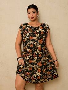 SHEIN VCAY 大码女式碎花圆领荷叶袖休闲连衣裙 - 黑色 - 查看 6