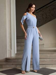 ZEYLAH 时尚不对称肩部系带蝴蝶结连体裤（女款） - 淺藍色 - 查看 8