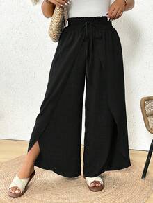 SHEIN Frenchy 大码女式纯色腰带开衩阔腿裤 - 黑色 - 查看 7