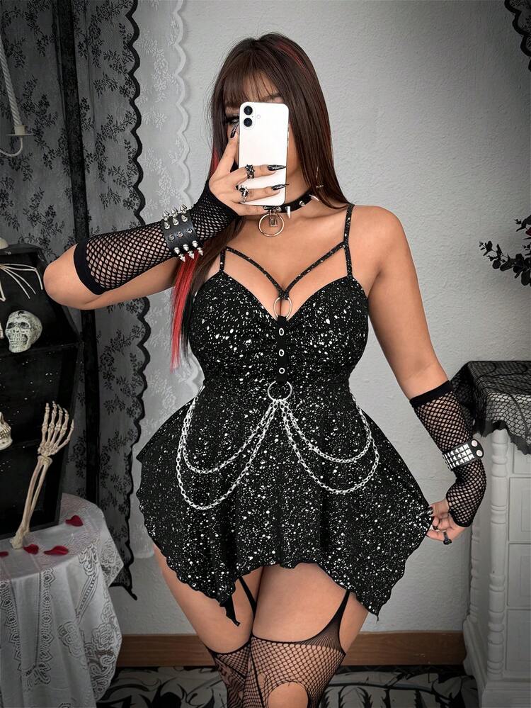 Whyspr Camiseta sin mangas sexy con estampado integral y bajo asimétrico para mujer de talla grande - Negro - Añade 7