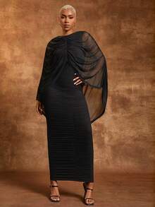 Vixey Váy maxi dài tay màu đen xếp ly bằng vải lưới - màu đen - Xem 2