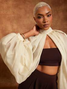 Vixey Blusa de manga globo con abertura en el bajo, de tela de gasa transparente - Albaricoque - Ver 5