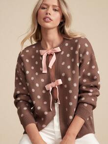 WESTFADE 波点蝴蝶结前襟宽松长袖开衫毛衣 - 彩色 - 查看 2