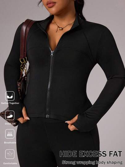 Rhythm Era Plus Size Activewear Set, Tight Thumb Hole Long Sleeve Zip-Up Jacket Paired With Flared Sports Pants With Side Pockets, Tight Fit Lifting, 2 Pieces