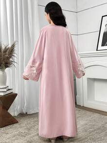 SHEIN Teen Girls' V-Neck Loose Casual Vacation Dress With Faux Pearl & Bow Trim, Cardigan Style - Pink - View 2